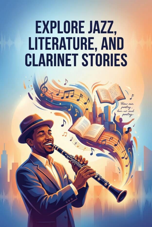 Clarinet in Jazz-Influenced Literature and Poetry: Sound, Story, and Improvisation 1 Vibrant illustration of a jazz musician playing the clarinet against a city skyline with musical notes and books, symbolizing jazz, literature, and cultural storytelling.