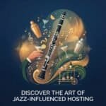 A vibrant graphic featuring a flute, cocktail shaker, music notes, and bar elements with the caption "Discover the art of jazz-influenced hosting" to promote music-themed event hosting.