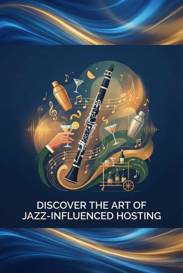 A vibrant graphic featuring a flute, cocktail shaker, music notes, and bar elements with the caption "Discover the art of jazz-influenced hosting" to promote music-themed event hosting.