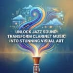 Clarinet in Jazz Digital Art: Turning Sound into Visual Design Digital artwork showcasing vibrant jazz clarinet music transforming into stunning visual art, symbolized by colorful swirling patterns and musical notes, inspired by Martin Freres Company.
