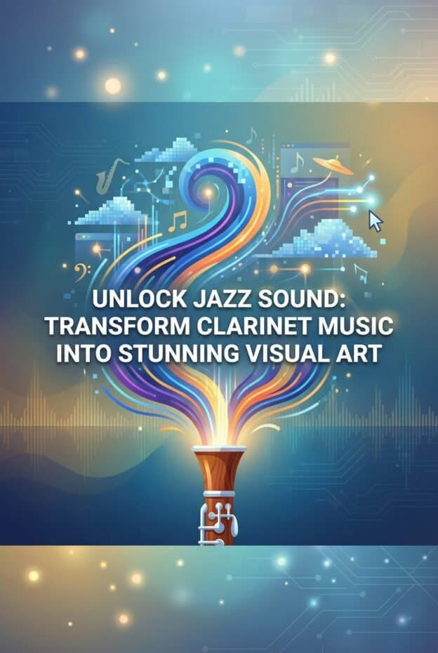 Clarinet in Jazz Digital Art: Turning Sound into Visual Design 1 Digital artwork showcasing vibrant jazz clarinet music transforming into stunning visual art, symbolized by colorful swirling patterns and musical notes, inspired by Martin Freres Company.