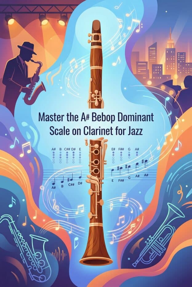 High-quality image showing jazz musician playing saxophone at a concert, with a colorful abstract background featuring musical notes, cityscape, and a clarinet. Perfect for jazz music and instrument lessons.