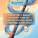 E Bebop Dominant Scale for Clarinet: Notes, Fingerings & PDF Chart Colorful illustration of a clarinet with musical notes, sheet music, and PDF icon, promoting a comprehensive PDF chart on mastering the E Bebop Dominant Scale for clarinet players.