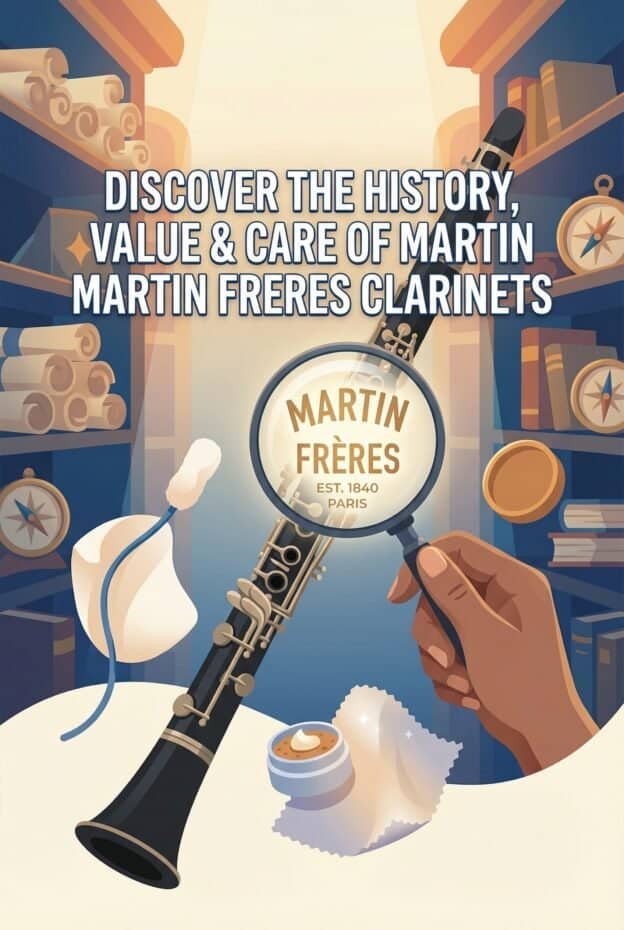 Vintage clarinet with historical significance from Martin Freres, skilled French maker of fine wind instruments.
