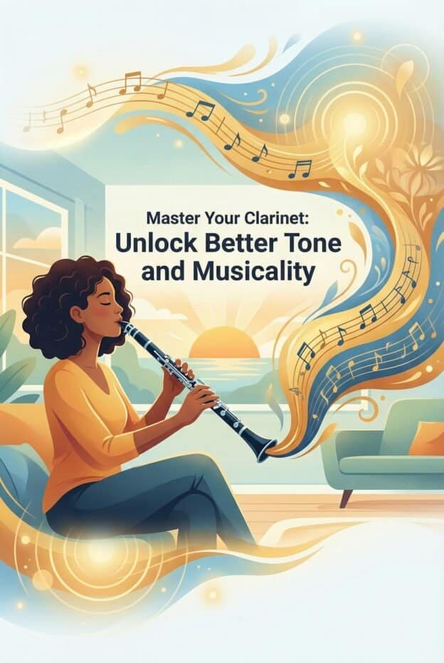 Clarinet Practice and Performance: A Targeted Routine for Better Tone and Musicality 1 A talented woman practicing clarinet at home, with a focus on improving tone and musicality, inspired by Martin Freres Company woodwind instruments.