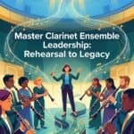 Martin Freres Clarinet Ensemble Leadership: Rehearsal, Tone, and Legacy Vibrant group of musicians performing in an orchestral setting, led by a conductor in a large concert hall, emphasizing leadership and musical excellence.