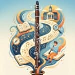 An artistic illustration promoting Martin Freres musical instruments with a clarinet, sheet music, and a child playing, emphasizing their wind instrument expertise.