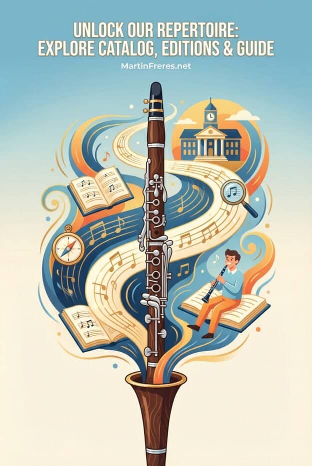 An artistic illustration promoting Martin Freres musical instruments with a clarinet, sheet music, and a child playing, emphasizing their wind instrument expertise.