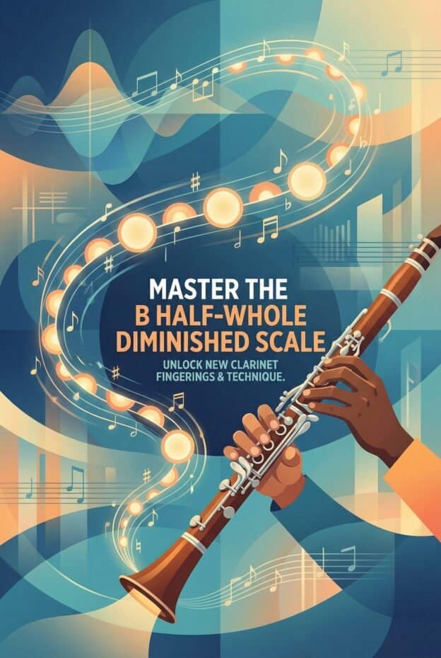 B Half-Whole Diminished Scale for Clarinet: Notes, Fingerings & Practice 2 Detailed image of a clarinet with musical notes and scales, emphasizing mastery of B half-whole diminished scale for musicians, highlighting advanced clarinet fingering techniques.