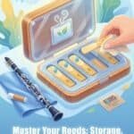 Clarinet Reed Storage: Humidity, Cases, and Care for Reliable Reeds A Reed storage case with humidity control features, designed for musical instruments and reeds, showcasing a cleaning cloth, humdity monitor, and an elegant wooden container for proper storage.