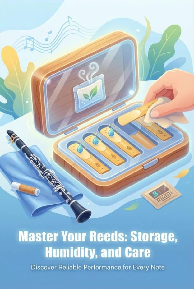 Clarinet Reed Storage: Humidity, Cases, and Care for Reliable Reeds 1 A Reed storage case with humidity control features, designed for musical instruments and reeds, showcasing a cleaning cloth, humdity monitor, and an elegant wooden container for proper storage.