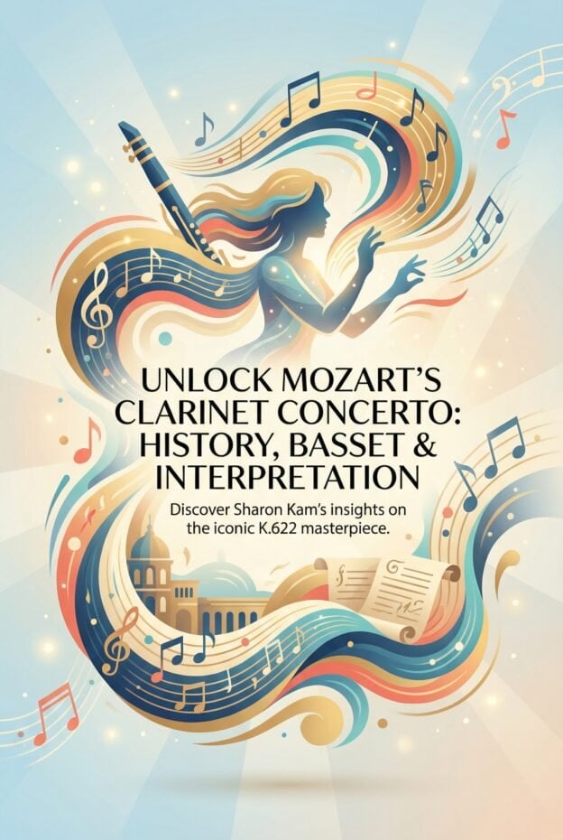 Mozart Clarinet Concerto (K.622): History, Basset Clarinet, and Sharon Kam's Interpretive Insights 1 Elegant illustration of a woman with flowing hair blending into musical notes and clarinet imagery, highlighting classical music, Mozart, and clarinet performances.