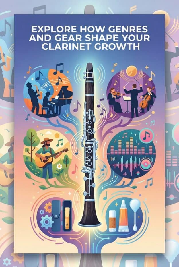 Clarinet Players' Musical Influences: Genres, Gear, And Growth 1 High-quality clarinet with musical scenes and accessories for professional sound.