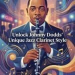 Johnny Dodds Jazz Clarinet: Biography, Style, and Practical Study Guide Illustration of a jazz clarinet player in a city scene with musical notes and vibrant colors. Ideal for promoting jazz music, clarinet styles, and musical events.
