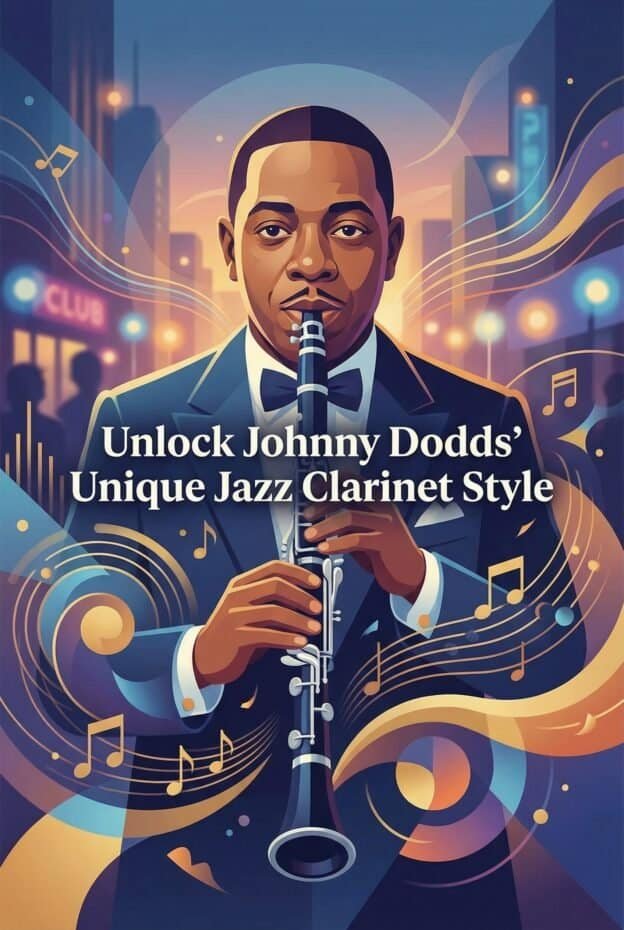 Illustration of a jazz clarinet player in a city scene with musical notes and vibrant colors. Ideal for promoting jazz music, clarinet styles, and musical events.