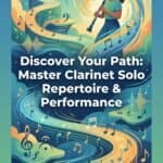 Clarinet Solo Repertoire Guide: Levels, Pieces, Practice & Performance Elegant digital illustration of a young woman playing a clarinet, surrounded by musical notes and abstract waves, promoting clarinet performance and mastery.