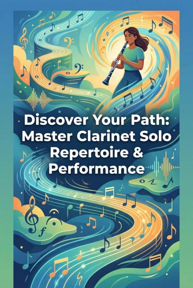 Clarinet Solo Repertoire Guide: Levels, Pieces, Practice & Performance 1 Elegant digital illustration of a young woman playing a clarinet, surrounded by musical notes and abstract waves, promoting clarinet performance and mastery.