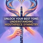 Elegant musical instrument illustration showing a clarinet with vibrant, swirling musical notes and colorful heart shapes, emphasizing the connection between music and emotional expression.