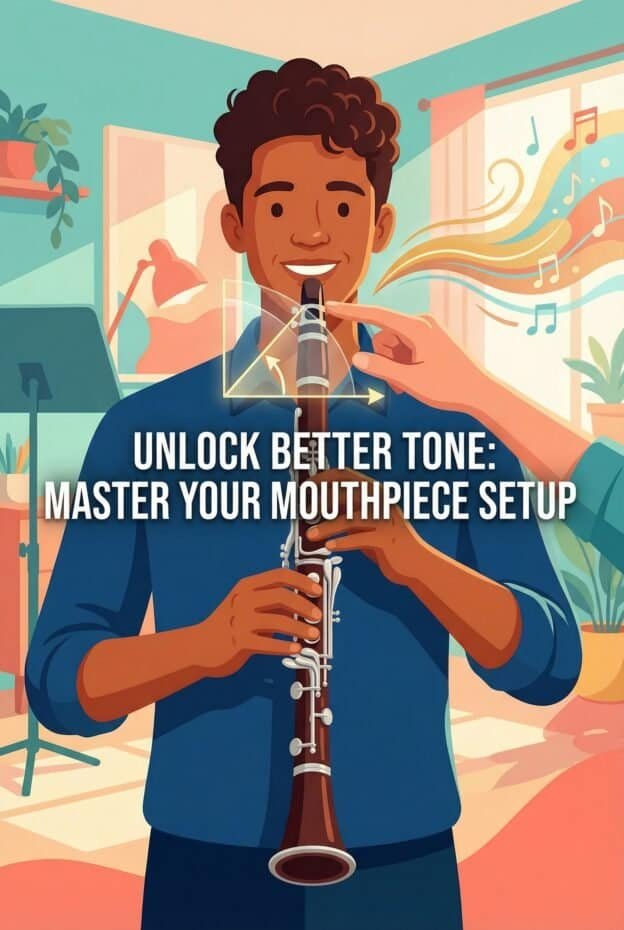 Illustration of a young musician playing a woodwind instrument with a focus on mouthpiece positioning and sound optimization, emphasizing tips for improving tone quality.