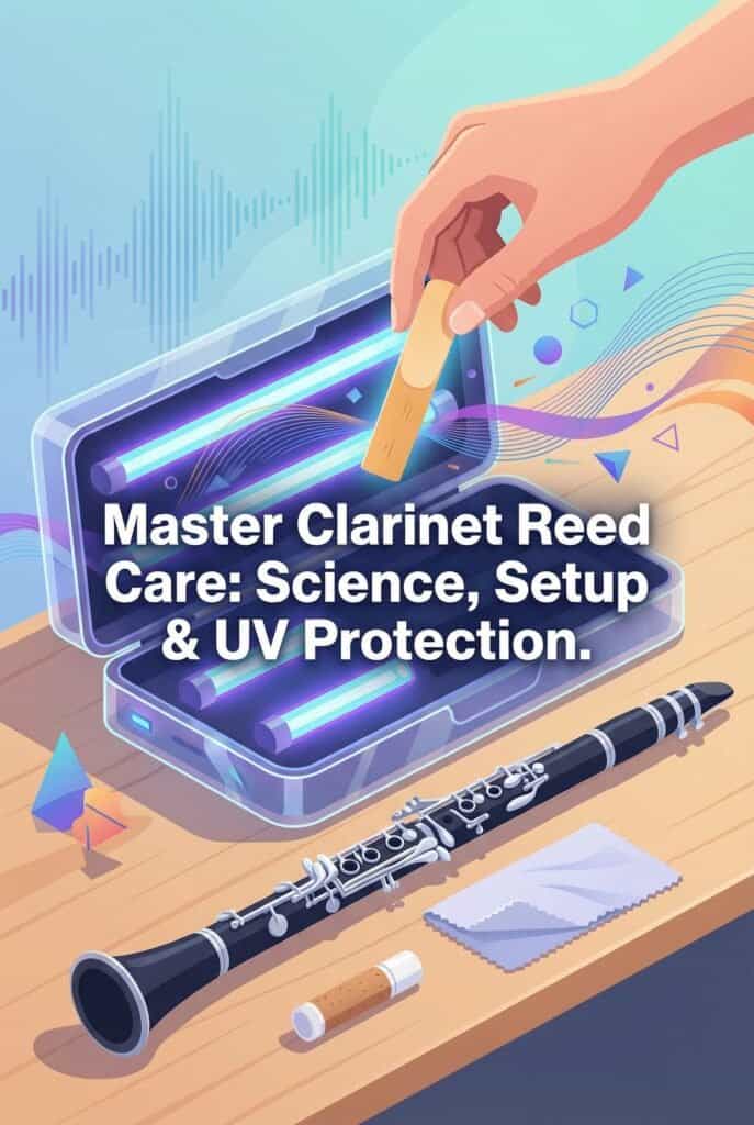Clarinet reed storage case with UV protection guide