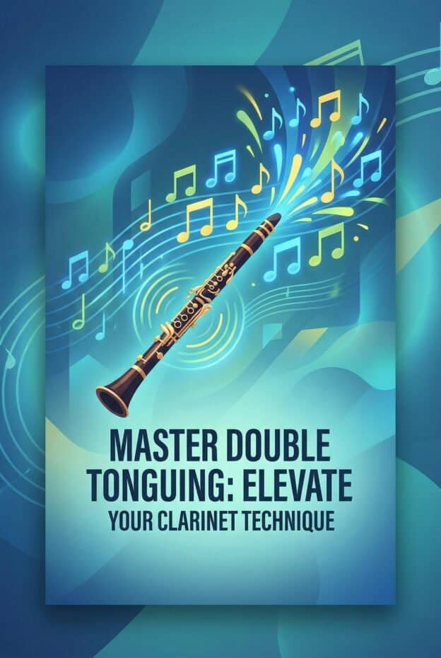 Double Tonguing on Clarinet: Technique, Exercises, and Historical Context 1 High-quality image of a clarinet with colorful musical notes, promoting clarinet mastery and technique enhancement. Perfect for music education, clarinet enthusiasts, and professional musicians seeking to improve their skills.
