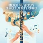Martin Freres Clarinet: History, Construction, Models and Practical Guidance A close-up of a clarinet being played by a musician with musical notes, sheet music, gears, and tools surrounding it, emphasizing the craftsmanship and mastery of Martin Freres clarinets.