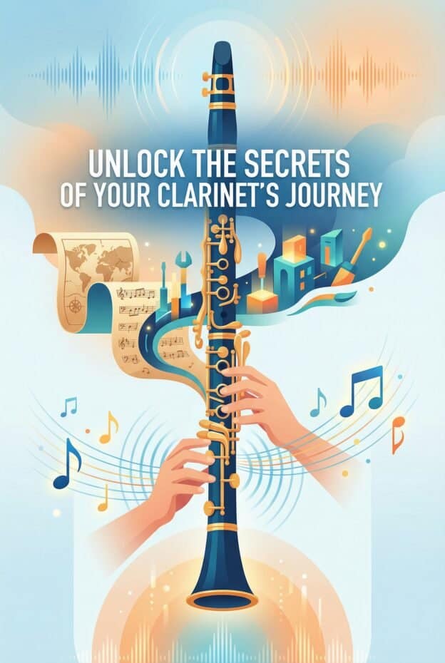 Martin Freres Clarinet: History, Construction, Models and Practical Guidance 1 A close-up of a clarinet being played by a musician with musical notes, sheet music, gears, and tools surrounding it, emphasizing the craftsmanship and mastery of Martin Freres clarinets.