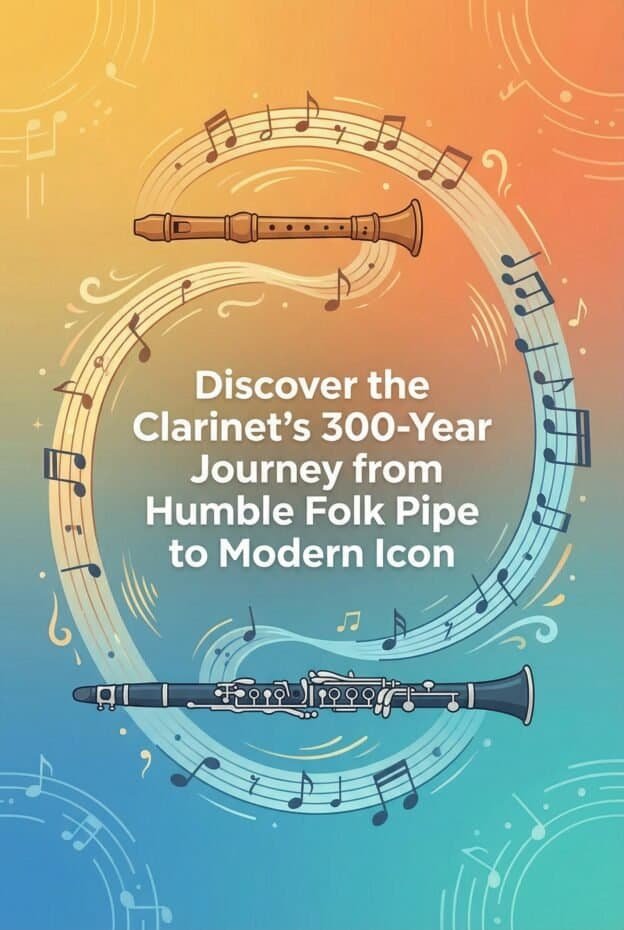 Clarinet History and Evolution: From Chalumeau to Modern Instrument 1 A creative illustration featuring clarinets, musical notes, gears, and digital elements promoting the journey of clarinet evolution from ancient origins.