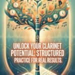 Clarinet Practice Routine: Timed Templates, Exercises & Results Decorative illustration of a tree sprouting clocks, musical notes, and people practicing yoga, symbolizing structured practice and unlocking potential in clarinet playing.