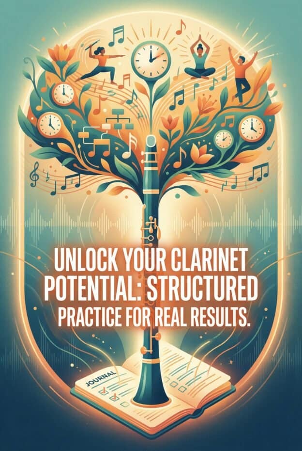 Clarinet Practice Routine: Timed Templates, Exercises & Results 1 Decorative illustration of a tree sprouting clocks, musical notes, and people practicing yoga, symbolizing structured practice and unlocking potential in clarinet playing.