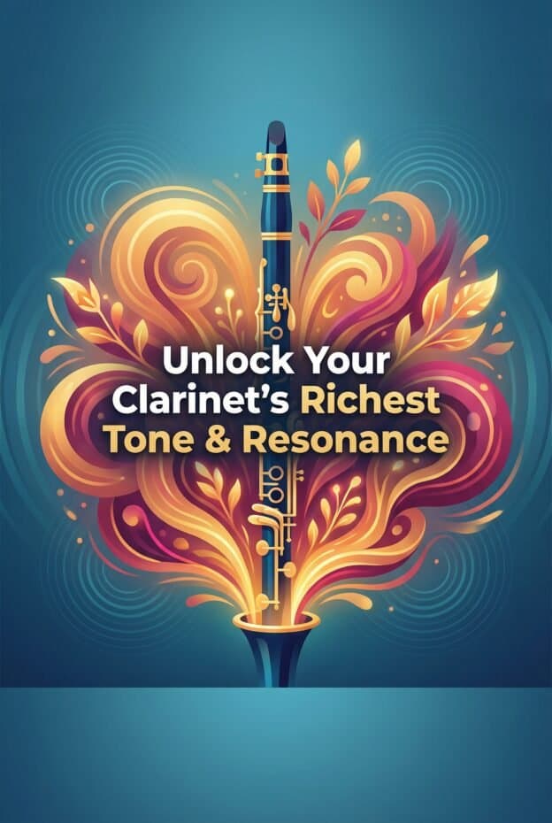 Vibrant clarinet graphic illustrating rich sound resonance and tone enhancement, perfect for clarinet players seeking musical excellence.
