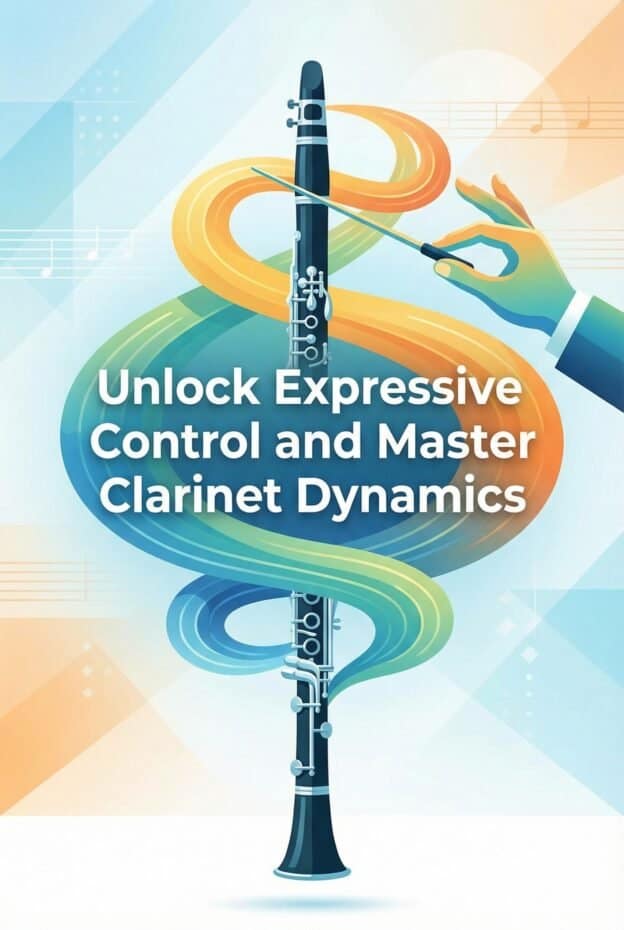 Clarinet Dynamics: Control, Practice Methods and Troubleshooting 1 Close-up of a professional clarinet with vibrant, abstract added music elements emphasizing mastery and control in clarinet playing.