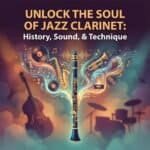 Clarinet in Jazz: History, Sound, Technique, and Collecting Guide Vibrant jazz clarinet music with colorful musical notes and instruments, showcasing the history, sound, and techniques of jazz clarinet music, perfect for jazz enthusiasts and music learners.