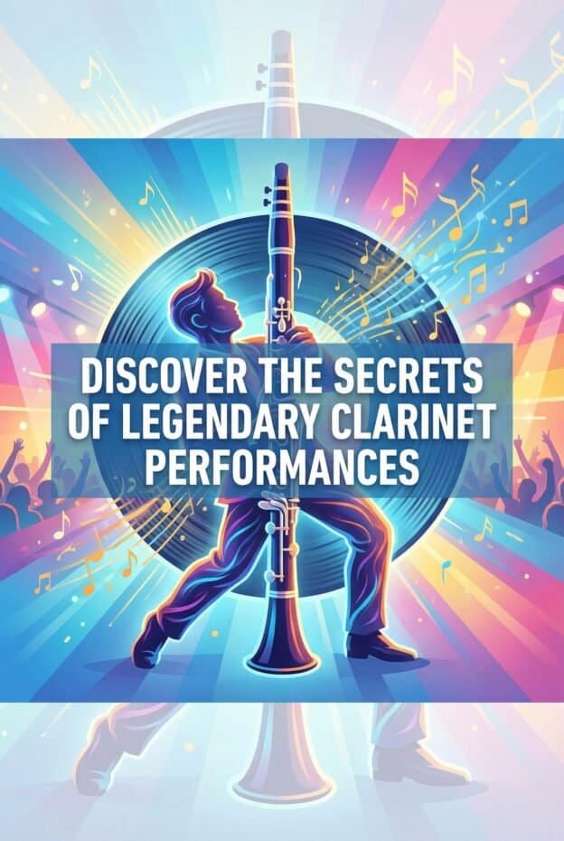 Bright, colorful illustration showcasing a performer playing a clarinet at a concert, highlighting legendary clarinet performances and musical excellence. Perfect for music and instrument enthusiasts.