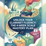 Clarinet Scale Practice Hacks: Metronome Maps, Fingerings & 4-Week Plan Young girl playing clarinet with musical notes and metronome background.