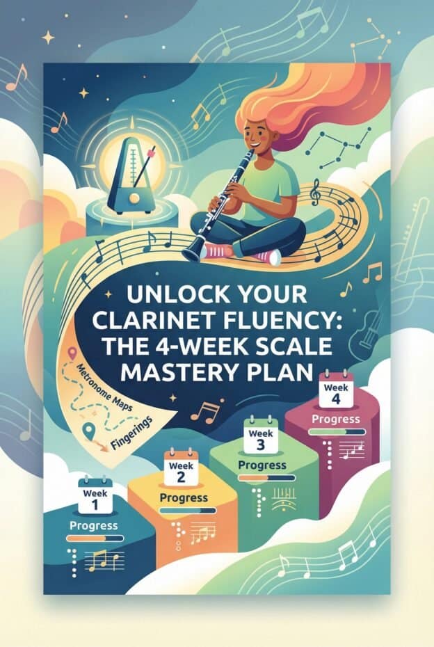 Young girl playing clarinet with musical notes and metronome background.