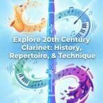 20th Century Clarinet Music: History, Repertoire, Technique and Legacy Elegant digital illustration of a clarinet intertwined with musical notes, a saxophone, and a piano. Bright, colorful, and vibrant, ideal for promoting music education, history, and clarinet techniques.