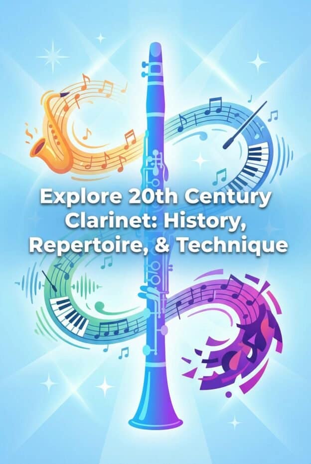 Elegant digital illustration of a clarinet intertwined with musical notes, a saxophone, and a piano. Bright, colorful, and vibrant, ideal for promoting music education, history, and clarinet techniques.