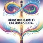 Clarinet Extended Techniques: Multiphonics, Circular Breathing, Tonguing & More A dynamic illustration of a clarinet engulfed in vibrant, flowing sound waves and musical notes, symbolizing musical potential and sound innovation.