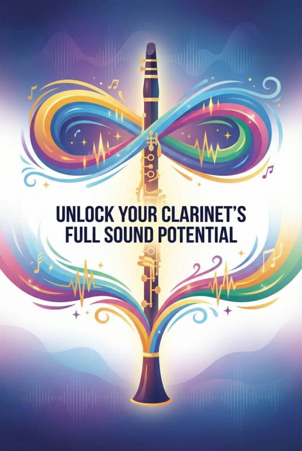 Clarinet Extended Techniques: Multiphonics, Circular Breathing, Tonguing & More 1 A dynamic illustration of a clarinet engulfed in vibrant, flowing sound waves and musical notes, symbolizing musical potential and sound innovation.