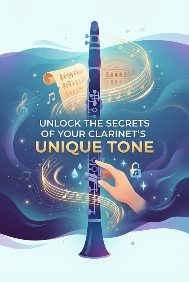 Clarinet Unique Sound: Design, History, Tone & Care Explained 1 Elegant clarinet illustration with musical notes and swirling melodies, highlighting tone customization and expert craftsmanship for professional and amateur musicians.