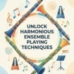 Clarinet Ensemble Playing: Techniques, Setup & Warmups For Every Group High-quality image of musical instruments, including clarinets, surrounded by musical notes and tuning tools, promoting ensemble playing techniques and harmonization in music.