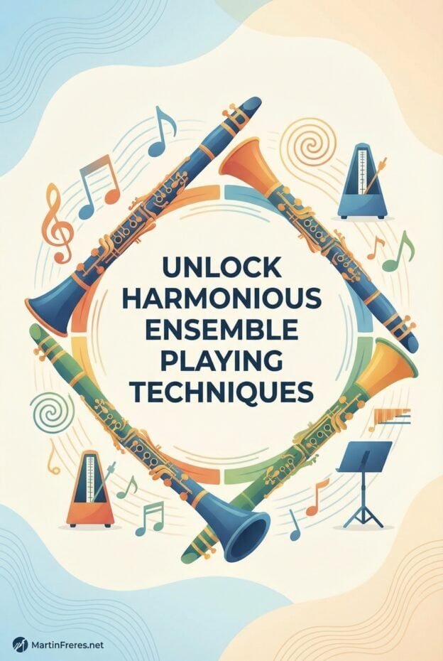 Clarinet Ensemble Playing: Techniques, Setup & Warmups For Every Group 1 High-quality image of musical instruments, including clarinets, surrounded by musical notes and tuning tools, promoting ensemble playing techniques and harmonization in music.