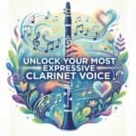Bright illustration of a clarinet with vibrant musical notes and floral elements, emphasizing advanced clarinet techniques and musical expression.