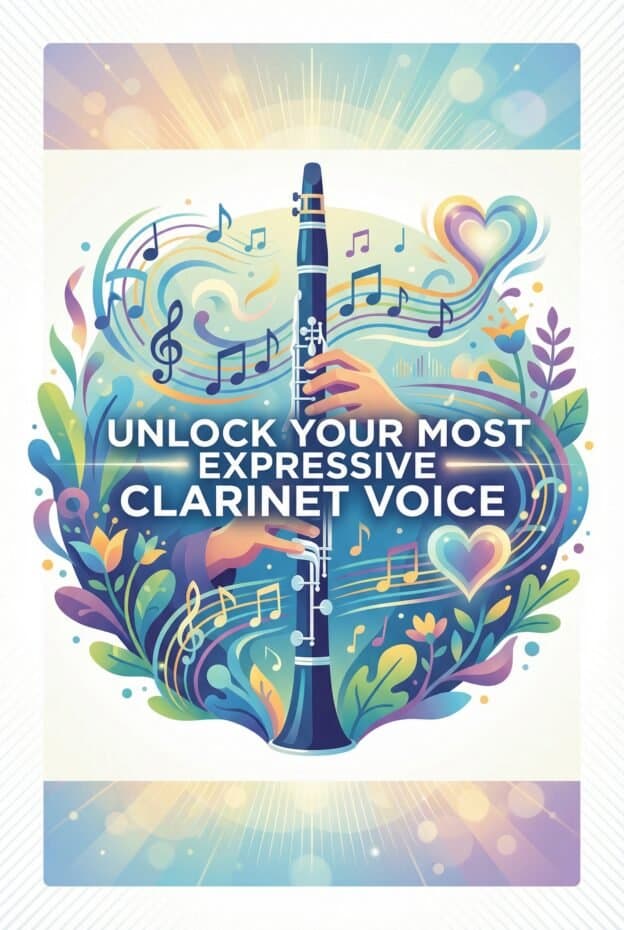 Clarinet Phrasing: Techniques, Practice Routines, and Setup for Expressive Playing 1 Bright illustration of a clarinet with vibrant musical notes and floral elements, emphasizing advanced clarinet techniques and musical expression.