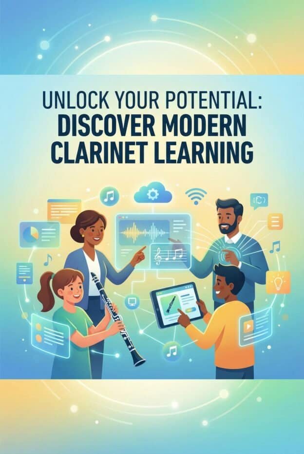 Young girl and instructor engaged in clarinet lessons with digital tools and music visuals, illustrating innovative learning methods for clarinet and music education.