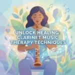 Clarinet Music Therapy: Evidence-Informed Uses, Techniques, and Outcomes A woman playing a clarinet surrounded by colorful leaves and musical notes, illustrating the therapeutic benefits of clarinet music therapy.