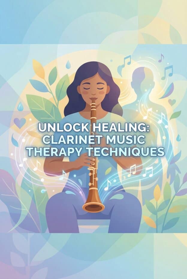 A woman playing a clarinet surrounded by colorful leaves and musical notes, illustrating the therapeutic benefits of clarinet music therapy.