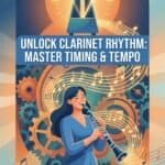 How To Use a Metronome To Improve Clarinet Timing, Rhythm, and Tempo Control Clarinet and musical gears illustration for rhythm mastery and timing tips.