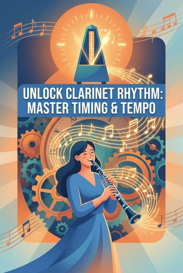 How To Use a Metronome To Improve Clarinet Timing, Rhythm, and Tempo Control 1 Clarinet and musical gears illustration for rhythm mastery and timing tips.